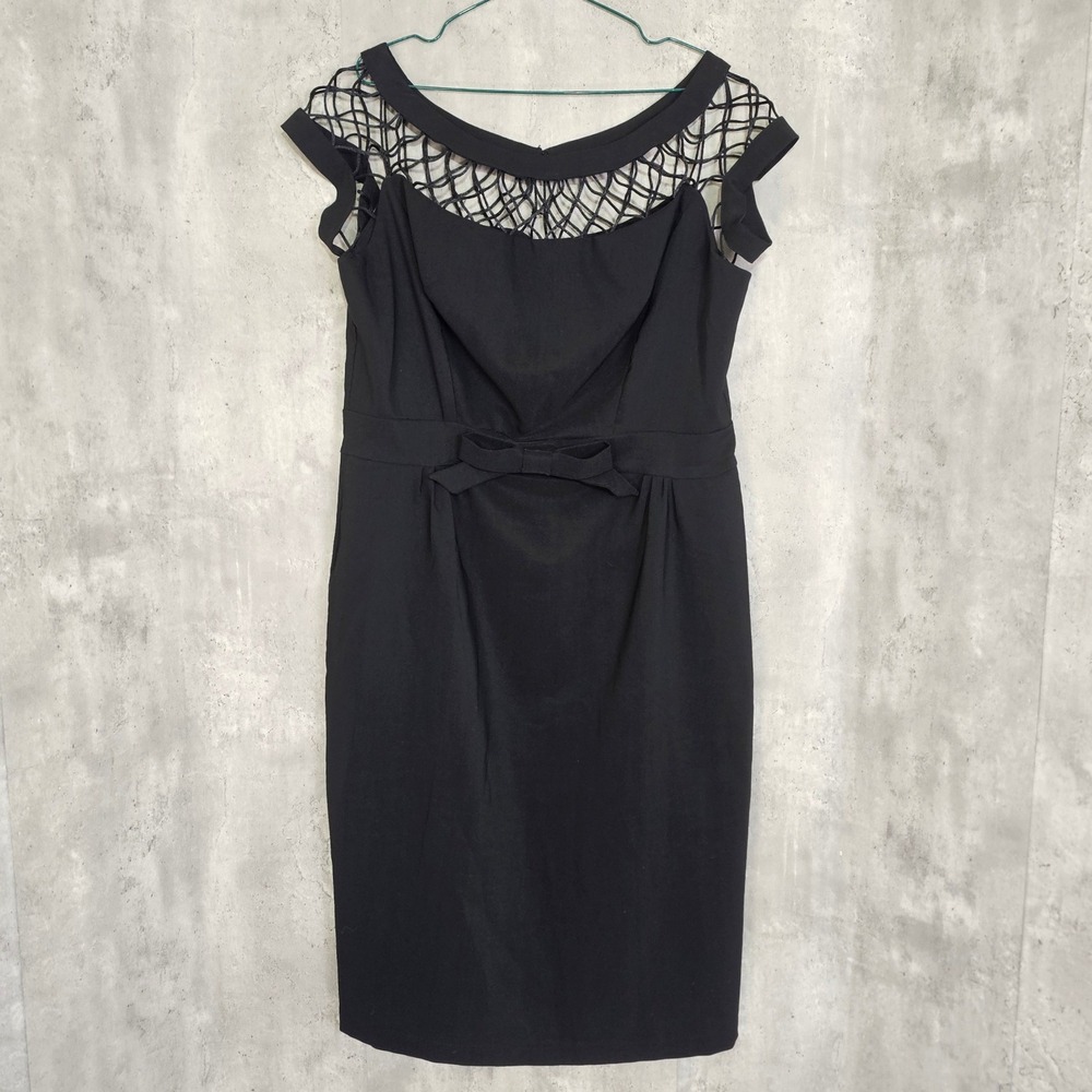 Tatyana Black Wiggle Dress Lattice Crochet Neckline Cap Sleeve Rockabilly Pinup
